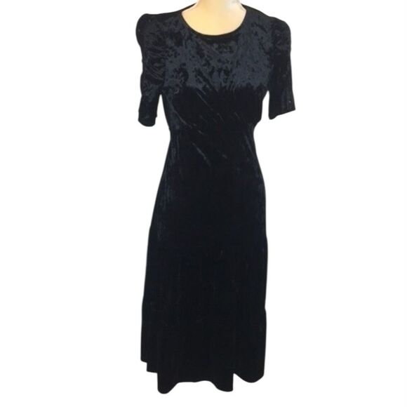 Black Crushed Velvet Modest Empire Waist Dress Tiered Full Midi Maxi Holiday - Picture 3 of 11